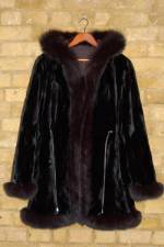 Black reversible sheared mink parker with fox trim and hood