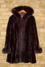 Brown reversible sheared mink coat with fox trim hood