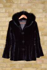 Black sheared rabbit jacket with fox trim