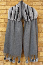Grey 100% cashmere scarf with chinchilla rex trim