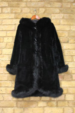 Black reversible rex coat with fox trim and hood