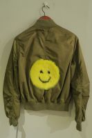 Upcycled khaki green bomber with yellow mink smiley