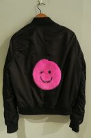 Upcycled black bomber with bright pink mink smiley