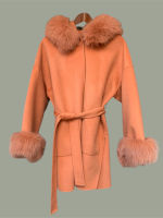 Cashmere wool mix coat with fox trims and hood