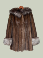 Mid brown Saga mink jacket with hood and frosted fox trims 