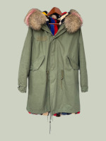 Khaki green hooded parka fox trimmed hood rabbit lining